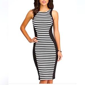 Bebe Bodycon Silver Black Stripe Back-Zip Dress S NWOT